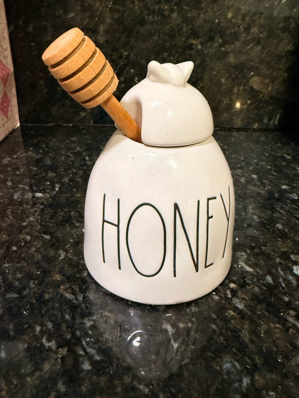 RAE DUNN White Ceramic Honey Jar with Wooden Dipper